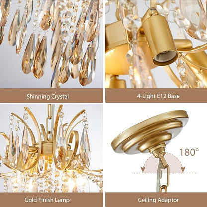Gold Crystal Chandeliers for Dining Room 4-Light Modern Luxury Light Fixture for Living Room Bedroom Pendant Ceiling Hanging Light, Mid Century