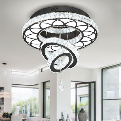 Flashing God Dia 20" Modern Crystal Chandelier Flush Mount Chandeliers LED Dimmable Bedroom Chandelier Crystal Ceiling Light for Dining Room Living Room Foyer Black
