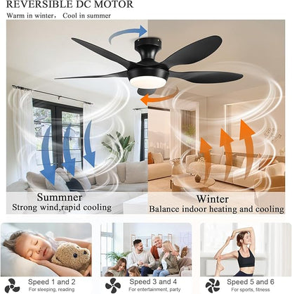 GJeg Ceiling Fan with Lights, 46 Inch Low Profile Ceiling Fan with Light and Remote Control, Flush Mount, 6 Speeds Reversible, Dimmable Noiseless Ceiling Fans for Bedroom, Black