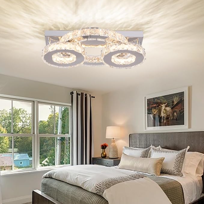 Dimmable Crystal Chandelier Modern Crystal Ceiling Light 3 Rings LED Flush Mount Celiling Light Fixture for Dining Room Bedroom Living Room