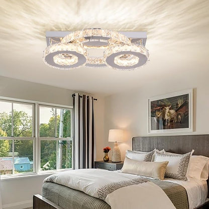Dimmable Crystal Chandelier Modern Crystal Ceiling Light 3 Rings LED Flush Mount Celiling Light Fixture for Dining Room Bedroom Living Room