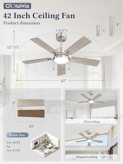 42 Inch Ceiling Fan with Lights and Remote, Smart APP Control, Dimmable with All-Setting Memory, Quiet DC Motor Reversible Blades, Damp Rated Modern Ceiling Fan for Bedroom Patio Living Room