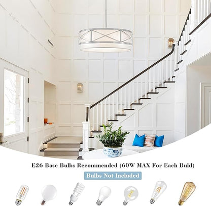 19.7'' Modern Brushed Nickel Drum Chandelier, 5-Light Modern Chandeliers for Dining Room Brushed Nickel Pendant Light with White Fabric Shade for Kitchen Living Room Entryway Bedroom