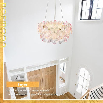 Modern Pink Flower Chandelier 20'' Gold Crystal Light Fixture Dimmable LED Ceiling Pendant Lighting with Remote Control Contemporary for Dining Room Entryway Bedroom Kitchen(3000K-6500K)