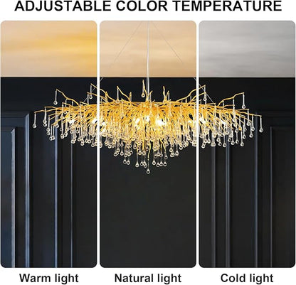 Gold Chandeliers for Dining Room Crystal Tree Branch Chandelier,47.24 Inch Modern Raindrop Chandeliers,Oval Dining Table Chandelier for Living Room,Entryway