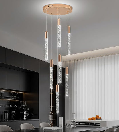 7-Lights High Ceiling Crystal Chandelier, Modern LED Raindrop Pendant Light Fixture 60" H Flush Mount Chandelier Gold for Foyer Staircase Living Room