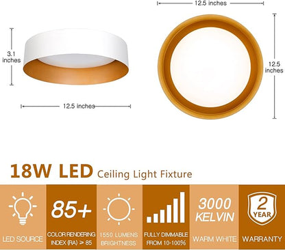 Bargeni LED Ceiling Light Fixture,12.5 inch Flush Mount Light Fixture,Matte White with Gold Inside,Dimmable 3000K/Warm White/18W(100w Equiv.),Outdoor Lighting Fixtures Ceiling for Bedroom and Hallway