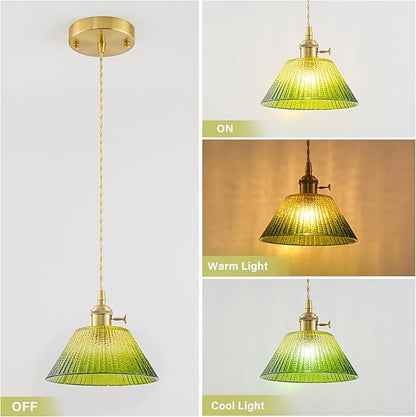 Vintage Pendant Lights Kitchen Island 3 Pack, Adjustable Brass Pendant Light Fixtures with Gradient Green Glass Shade, Gold Kitchen Pendant Lighting Over Island, Pendant Light for Dining Room Hallway