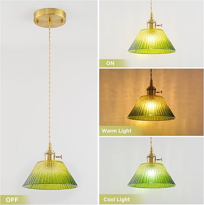 Vintage Pendant Lights Kitchen Island 2 Pack, Adjustable Brass Pendant Light Fixtures with Gradient Green Glass Shade, Gold Kitchen Pendant Lighting Over Island, Pendant Light for Dining Room Hallway