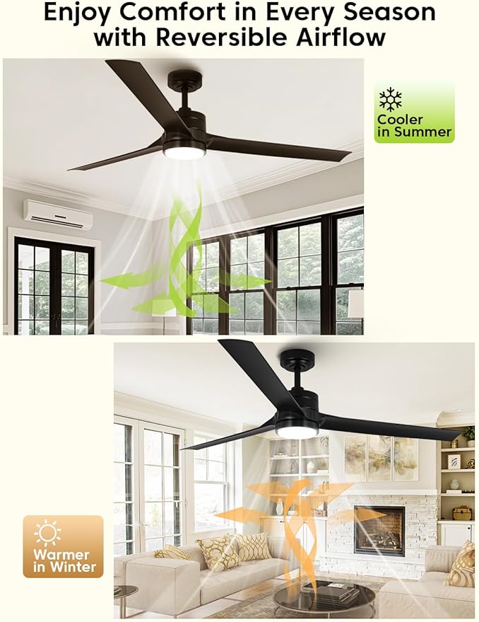 Ceiling Fans with Lights and Remote, 60 Inch Black Low Profile Ceiling Fan with Light, Modern Outdoor Ceiling Fan for Bedroom Living Room Patio, Fandelier Chandelier Style, Quiet DC Motor, 3CCT LED