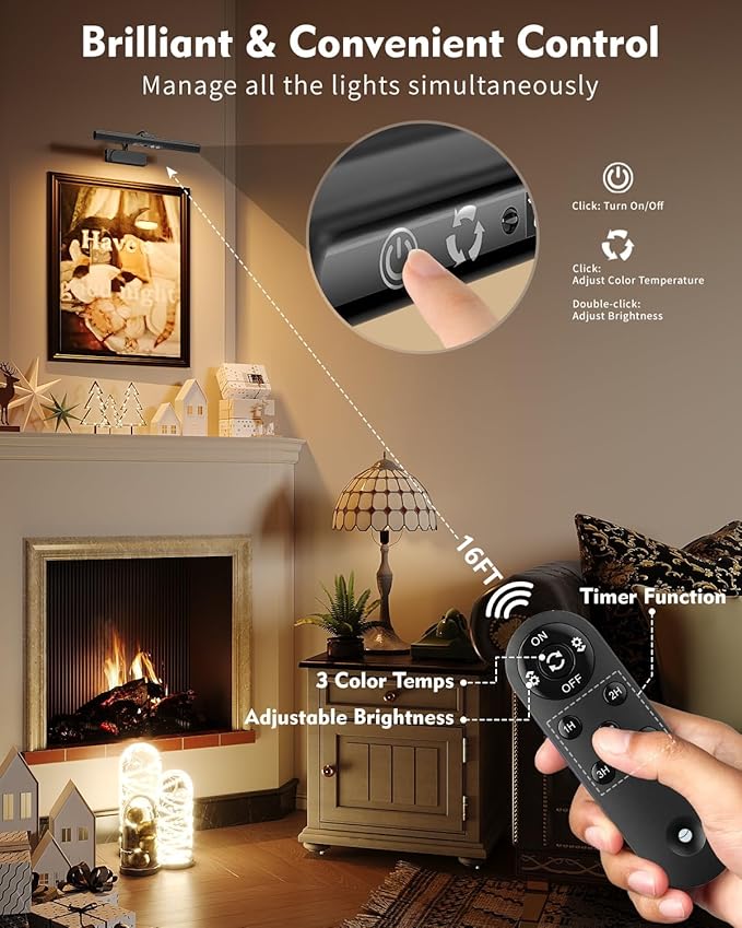 Skairipa Picture Light for Wall, 6000mAh Rechargeable Wireless Wall Lights, 13'' Dimmable Remote Magnetic LED Art Painting Light with 3 Color Temps, Display for Gallery, Living Room (Black, 1Pack)