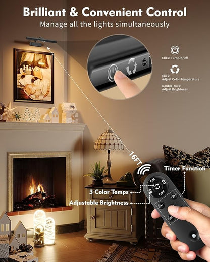 Skairipa Picture Light for Wall, 6000mAh Rechargeable Wireless Wall Lights, 13'' Dimmable Remote Magnetic LED Art Painting Light with 3 Color Temps, Display for Gallery, Living Room (Black, 1Pack)