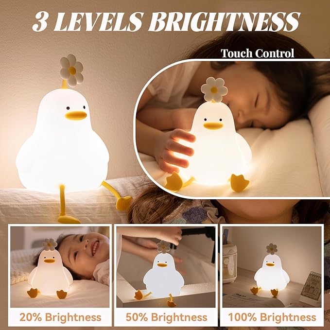 AVEKI Duck Night Light - Cute Duck Lamp Gifts for Baby and Kids - Rechargeable Nursery Night Lights with 3 Brightness Level, Touch Control, Soft Silicone Material, 30 Minutes Timer