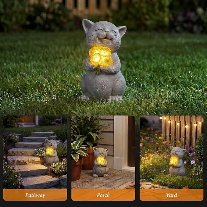 PETAFLOP Solar Cat Garden Statue Decor with Sunflower, Birthday Housewarming Gifts for Mom Grandma Women Cats Lover, Outdoor Figurines Patio Balcony Yard Lawn Decorations
