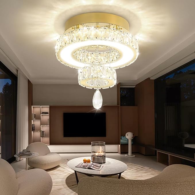 Flashing God 12" Modern Crystal Chandeliers Flush Mount Ceiling Light Gold Chandelier for Hallway LED Dimmable Light Fixture for Dining Room Living Room Bedroom