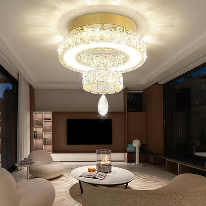 Flashing God 12" Modern Crystal Chandeliers Flush Mount Ceiling Light Gold Chandelier for Hallway LED Dimmable Light Fixture for Dining Room Living Room Bedroom