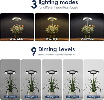 IMVSINCERE Halo Grow Light for Indoor Plants 72 LEDs - Adjustable Height （6.5-25 in） Full Spectrum LED Growing Lamp with Base, Auto On/Off Timer (3/9/12H), 10 Dimmable Brightness, 5V Adapter 160MM