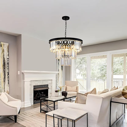 Modern Crystal Chandelier 20'' Black Chandeliers for Dining Room Contemporary Pendant Light Fixture Round 3-Tier K9 Crystal Chandelier Adjustable Height for Living Room, Foyer, Entryway, Bedroom