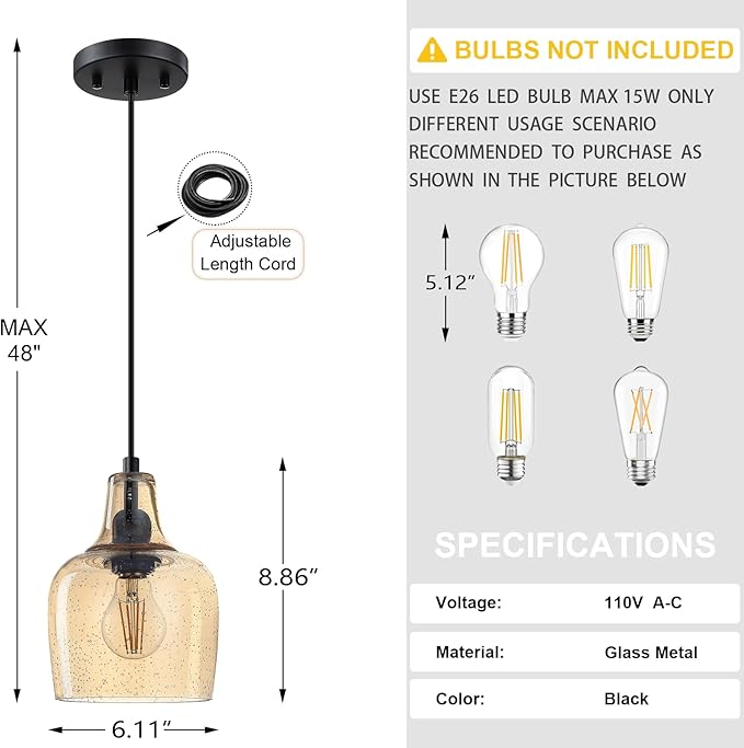 3 Pack 1 Light Indoor Hanging Kitchen Island Pendant Ceiling Light 6.1" Amber Glass Fixture,Black Finish for Farmhouse Over Sink Bedroom Hallway