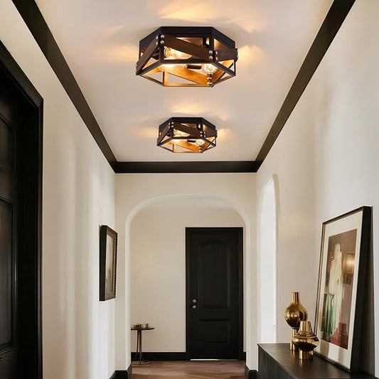 XSDeTu Farmhouse Flush Mount Ceiling Light, 3-Light Hallway Lights with Metal and Wood, Industrial Kitchen Light Fixtures Ceiling Mount, Rustic Black Chandelier for Bedroom Living Room Bathroom