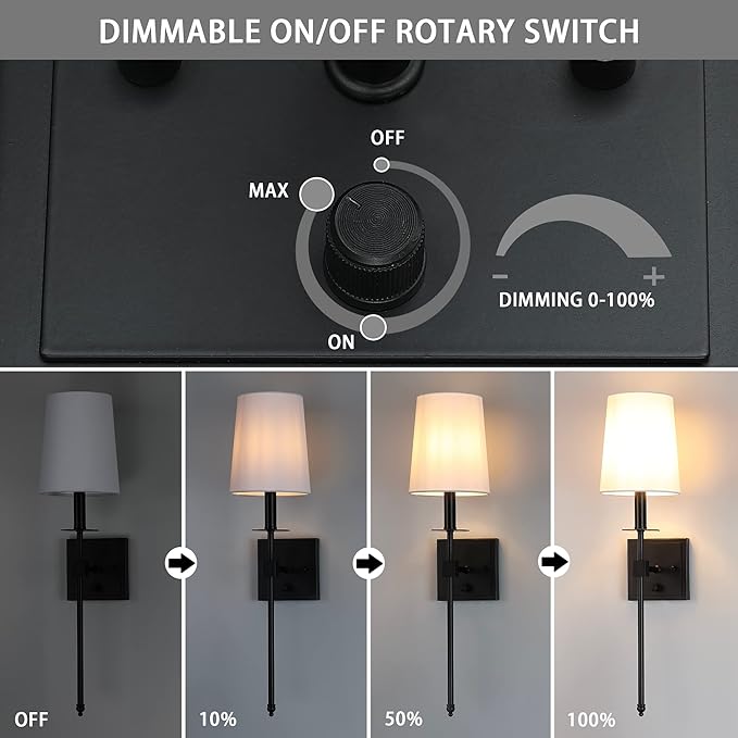 Untrammelife Black Wall Sconces Set of Two, Farmhouse Sconces Wall Lighting with Dimmer ON/Off Switch, Industrial Hardwired Wall Lamps for Bedrooms, Living Room, Bathroom, Vanity (Bulbs Included)