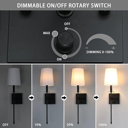 Untrammelife Black Wall Sconces Set of Two, Farmhouse Sconces Wall Lighting with Dimmer ON/Off Switch, Industrial Hardwired Wall Lamps for Bedrooms, Living Room, Bathroom, Vanity (Bulbs Included)