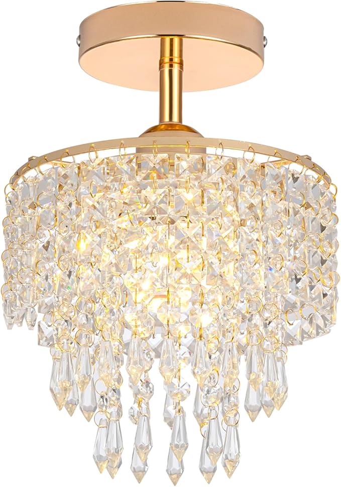Mini Crystal Chandelier 3-Tier Raindrop Semi Flush Mount Ceiling Light Fixture Crystal Chandeliers for Bedroom Kitchen Hallway Bathroom Closet (Gold)
