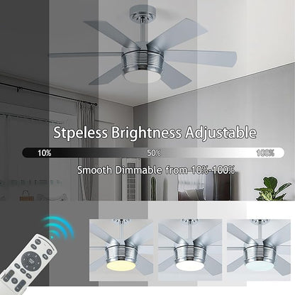 SHOWDI Ceiling Fan with Lights and Remote, 6 Blade App Control Timer Reversible Stepless Brightness and Color Temperature Outdoor Wood Ceiling Fan with Lights (Chrome, 42 Inch)