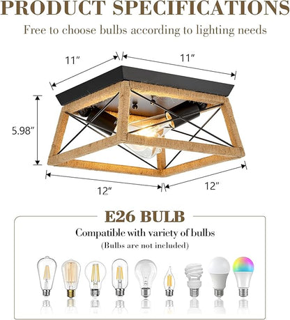 Boho Rattan Ceiling Light Fixture 2-Light Flush Mount Ceiling Light with Rattan Wood Shade Farmshouse Ceiling Lamp Fixture for Hallway Entryway Kitchen Sink Dining Room Bedroom