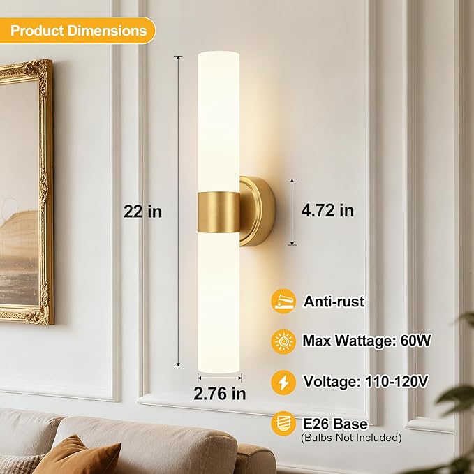 Brushed Gold Wall Sconce, Bathroom Sconces Wall Lighting with Milky White Glass, Modern Sconces Wall Light fixturesfor Bathroom Mirror Bedroom Living Room Hallway (Hardwired)