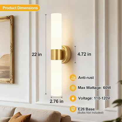 Brushed Gold Wall Sconce, Bathroom Sconces Wall Lighting with Milky White Glass, Modern Sconces Wall Light fixturesfor Bathroom Mirror Bedroom Living Room Hallway (Hardwired)