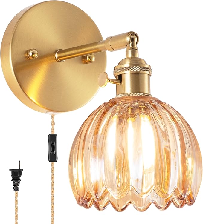 Plug-in Wall Sconce, Vintage Wall Decorative Lamp with Amber Glass Shade, Indoor Plug-in Wall Sconce for Bedroom, Living Room, Hallway