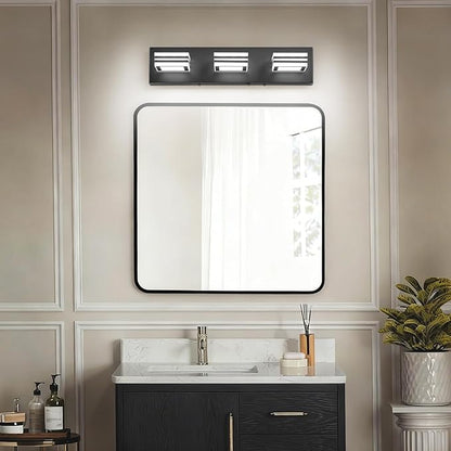 SOLFART LED Bathroom Vanity Light Fixtures： 3 Light Matte Black Modern Acrylic Bathroom Wall Lighting Fixtures Over Mirror 5CCT