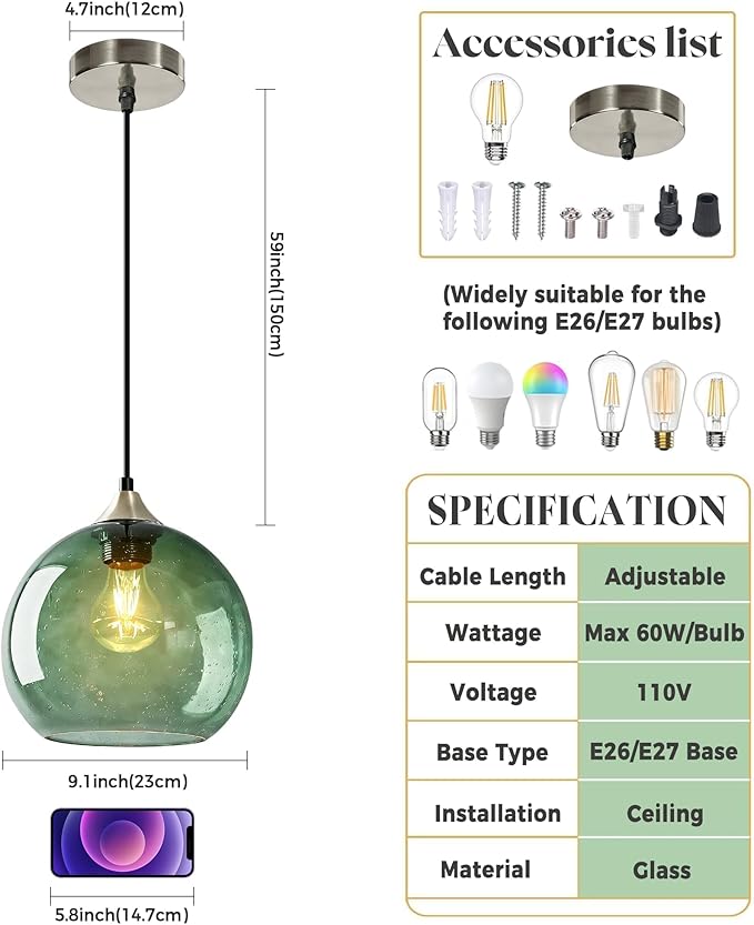 9.1in Large Green Glass Pendant Light for Kitchen Island（1-Pack）, Includes Extra Bulb & 4.92FT Adjustable Cord, Modern Pendant Lighting Fixtures for Kitchen, Dining Room, Living Room