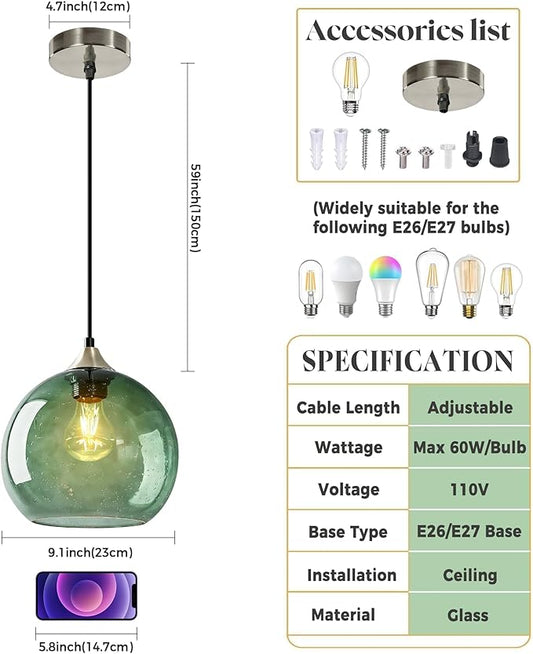 9.1in Large Green Glass Pendant Light for Kitchen Island（1-Pack）, Includes Extra Bulb & 4.92FT Adjustable Cord, Modern Pendant Lighting Fixtures for Kitchen, Dining Room, Living Room