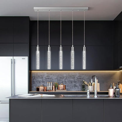 Kitchen Island Lighting Modern Light Fixture Chrome Pendant Light Dimmable LED Chrome Finish Mini Crystal Pendant Lights for Dining Room Living Room（5-Light）