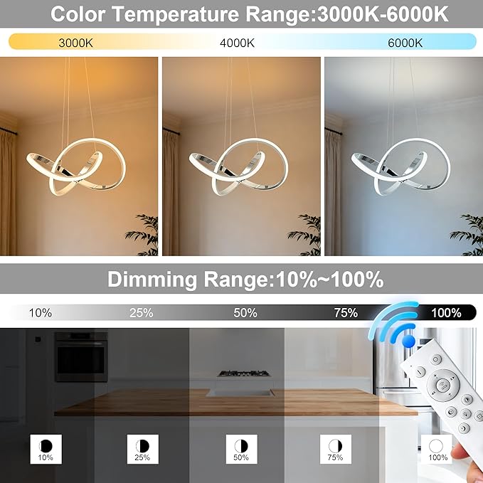 MAYNA Modern Chandelier with Remote Control, 3-Color Dimmable LED Pendant Light Fixtures, Height Adjustable Kitchen Island Lighting for Dining Room Kitchen Entryway Living Room, Chrome 25.6 inch