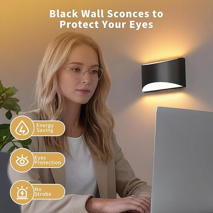 Black Modern LED Wall Sconce, 3 Colors Indoor Wall Lights, 10W Hardwired Up and Down Aluminum Wall Mount Lamp for Bedroom Living Room Hallway Corridor (Black, 4 Pack)