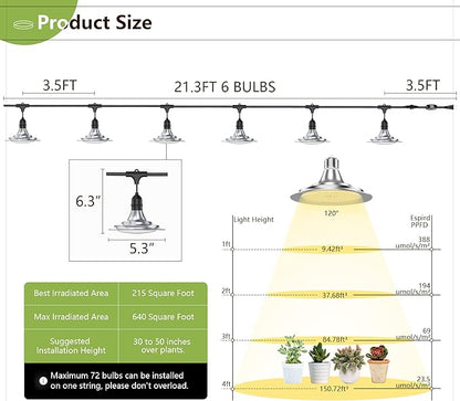 Outdoor LED Grow Light with Timer, 6-Bulbs Full Spectrum Grow Light Strip, Waterproof Plant Lamps, UL Certified String Grow Lights for Greenhouse Garden, 21.3FT Light for Veg Seedling Flower