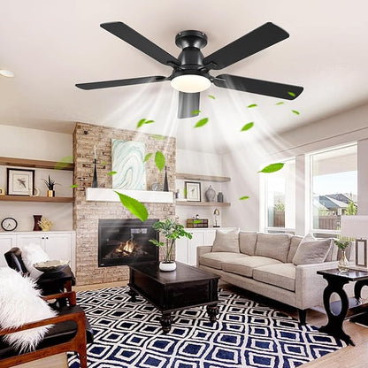 Mpayel 52 Inch Ceiling Fans with Lights and Remote, Black Ceiling Fan with Light Flush Mount, Low Noise, Reversible, Dimmable, Modern Low Profile Ceiling Fan with Light for Bedroom Indoor Outdoor