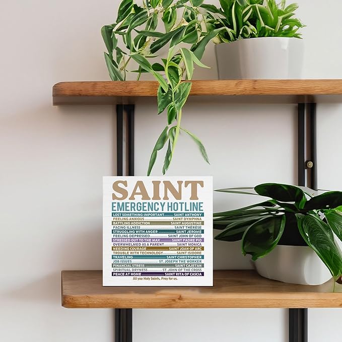 Christian Gifts for Women Men, Catholic Decor, Saint Emergency Wood Block Sign for Home Office Desk Decoration 5 x 5 Inches