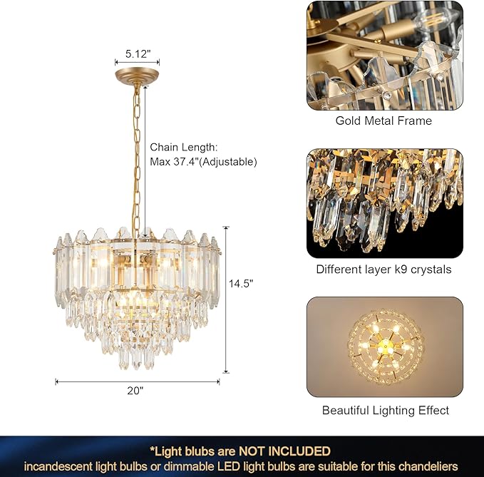 A AXILIXI Modern Crystal Chandelier Gold 20" K9 Crystal Chandelier 5-Tier 9 Lights Luxury Pendant Lighting Adjustable Chandeliers Lamp for Living Room Dining Room Bedroom Foyer Entryway, E12