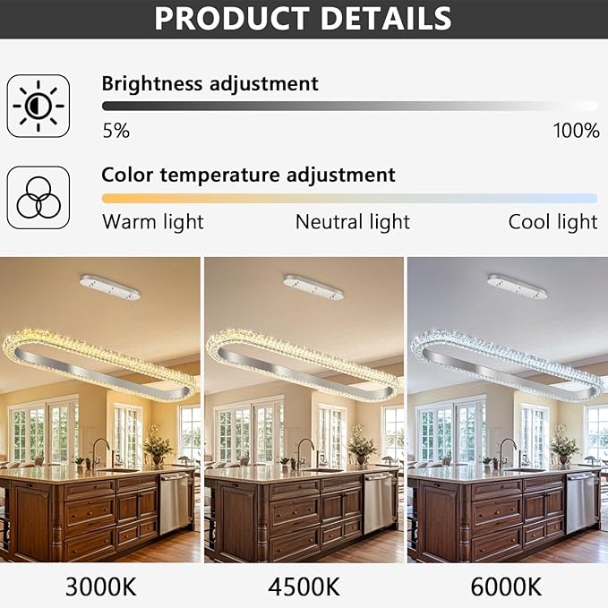 47'' Oval Ring Crystal Chandelier Modern LED Dimmable Ring Pendant Light Chandelier for Dining Room Living Room Silver
