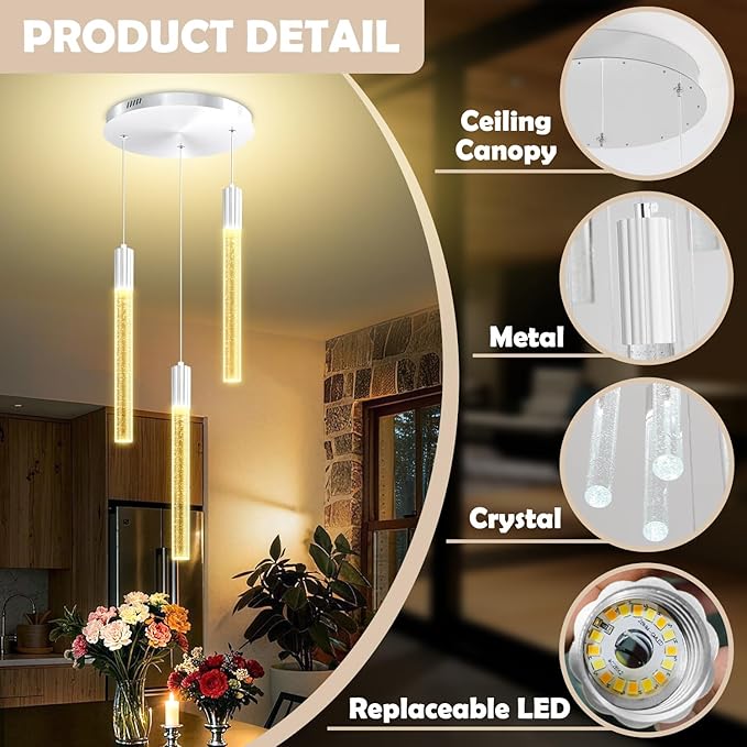 Modern LED Bubble Crystal Chandelier Dimmable Pendant Light Kitchen Island Dining Room Living Room Foyer Corner Hanging Ceiling Fixture Silver 3-Light