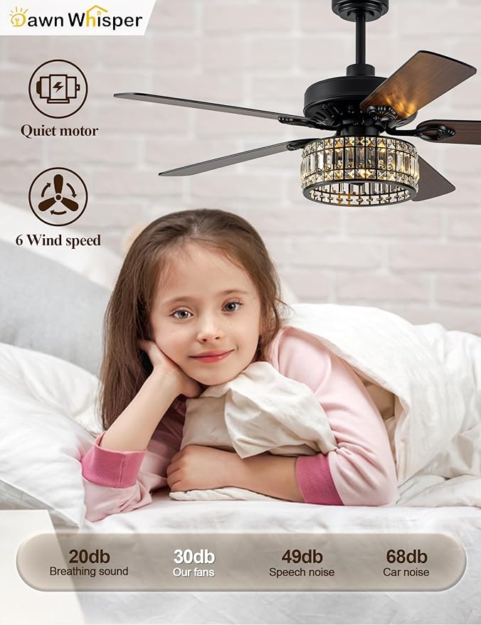 Dawn Whisper 52 Inch Black Chandelier Ceiling Fans Quiet and Reversible DC Motor Modern Ceiling Fans with Lights for Bedroom Living Room