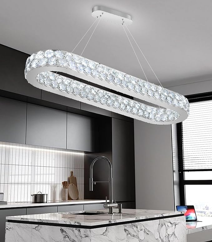 40'' Modern Oval Chandelier Crystal Chandeliers for Dining Room Round Ceiling Light Fixture for Living Room Lighting LED Dimmable with Remote Ring Lights Silver