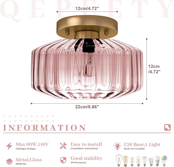 Pink Ribbed Glass Flush Mount Ceiling Light, 8.66" Modern Gold Semi-Flush Mount Light Fixture, Mid-Century Round Ceiling Lamp with E26 Base for Bedroom Bathroom Hallway