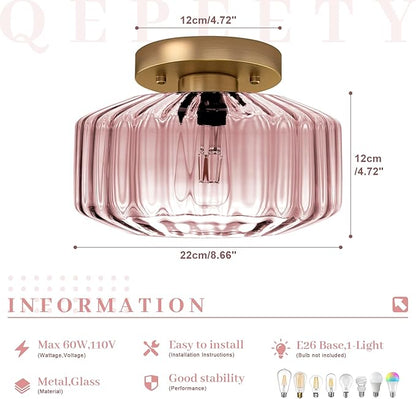 Pink Ribbed Glass Flush Mount Ceiling Light, 8.66" Modern Gold Semi-Flush Mount Light Fixture, Mid-Century Round Ceiling Lamp with E26 Base for Bedroom Bathroom Hallway