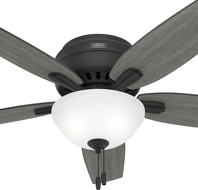 Hunter 52 inch Indoor Ceiling Fan with LED Light - Black Ceiling Fan with Pull Chain, For Bedroom or Living Room, Low Profile Flush Mount, 5 Blades, Includes Bulbs - Newsome 52396, Matte Black
