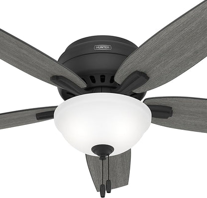 Hunter 52 inch Indoor Ceiling Fan with LED Light - Black Ceiling Fan with Pull Chain, For Bedroom or Living Room, Low Profile Flush Mount, 5 Blades, Includes Bulbs - Newsome 52396, Matte Black